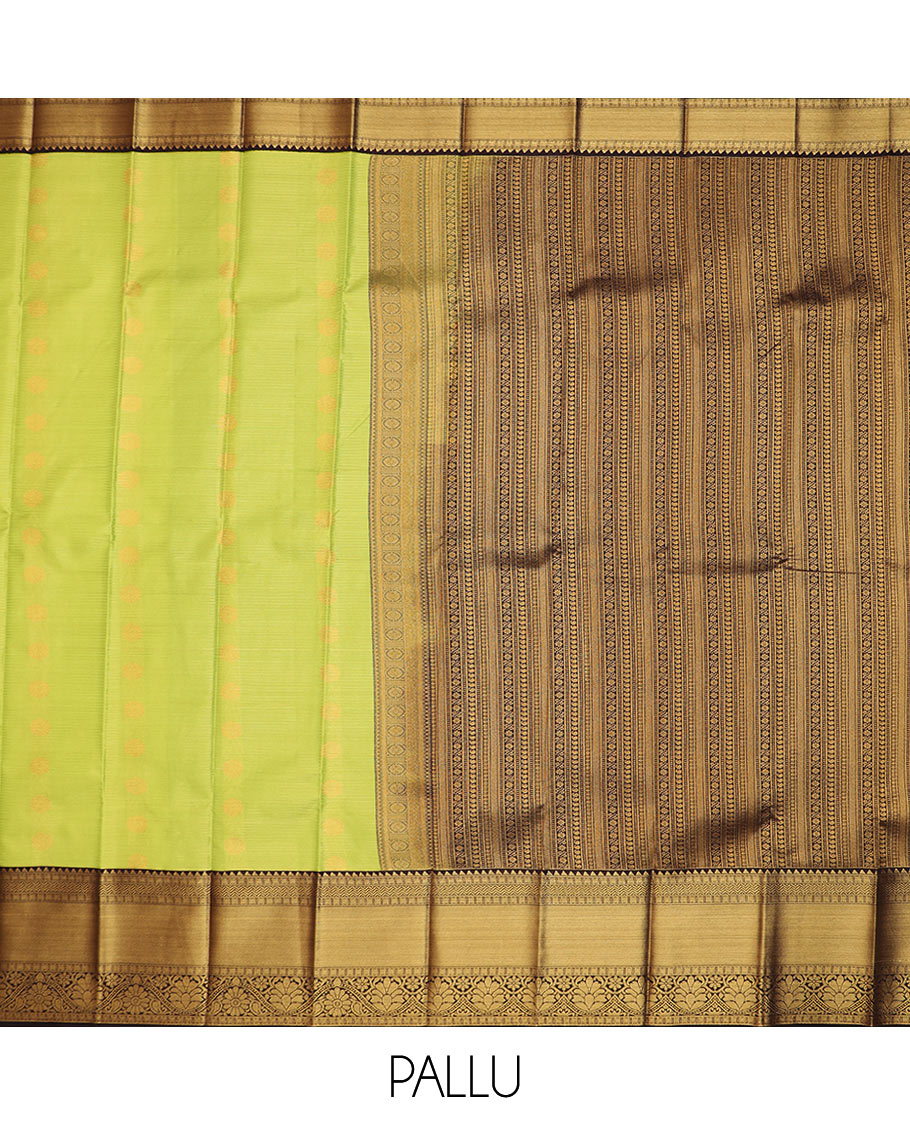 Green zari stripes and buttas budget silk saree, contrast traditional zari border, and geometric patterned pallu