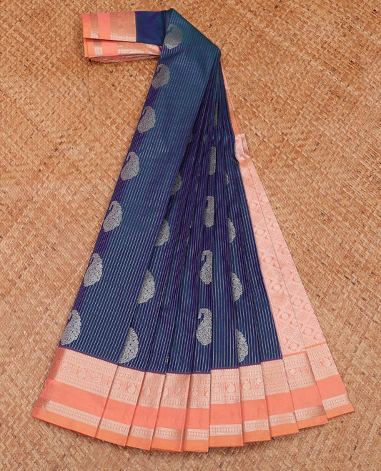 Blue stripes and paisley buttas budget silk saree, contrast traditional zari design rettai pettu border, and jaal pallu