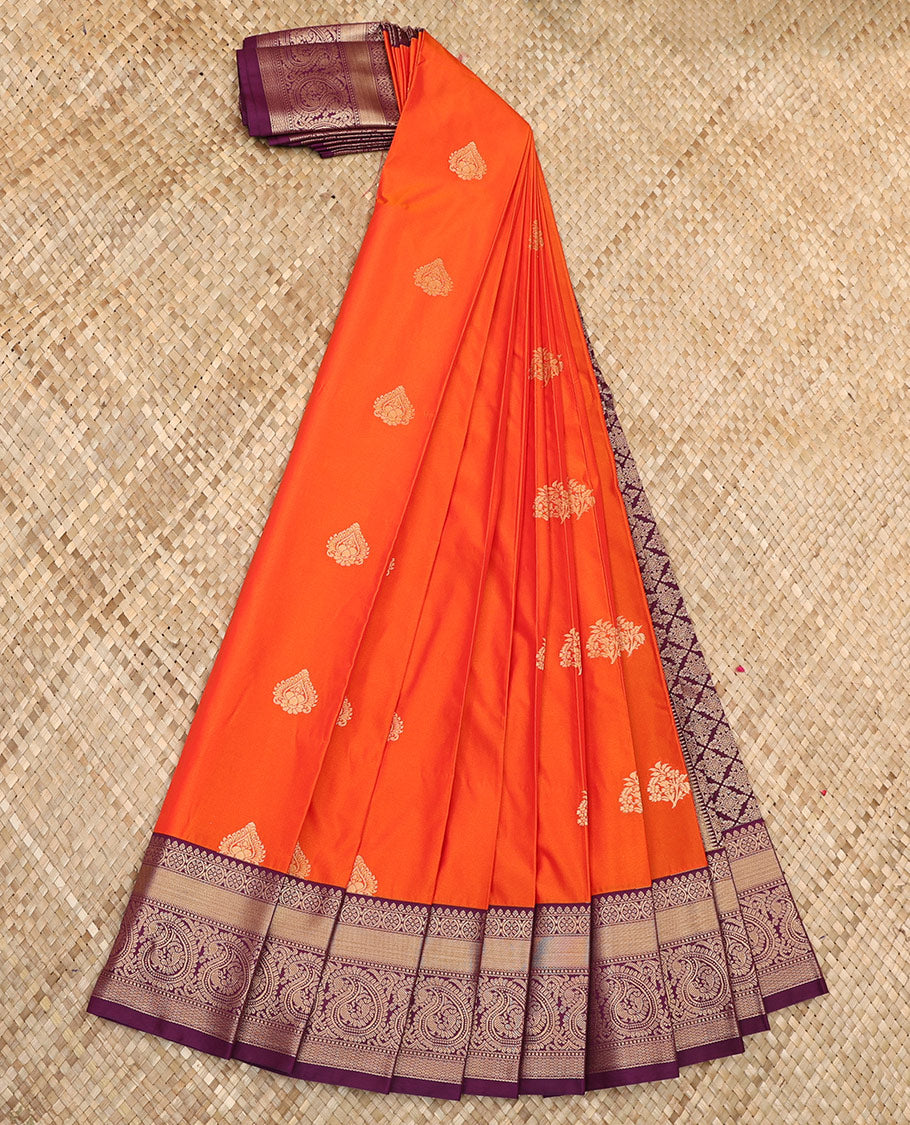 Orange Budget Silk Saree Spotlighted with Zari Buttas, Decked by a Contrast Traditional Zari Design Border, Pallu Elevated with Jaal Design, and Paired with a Contrast Blouse