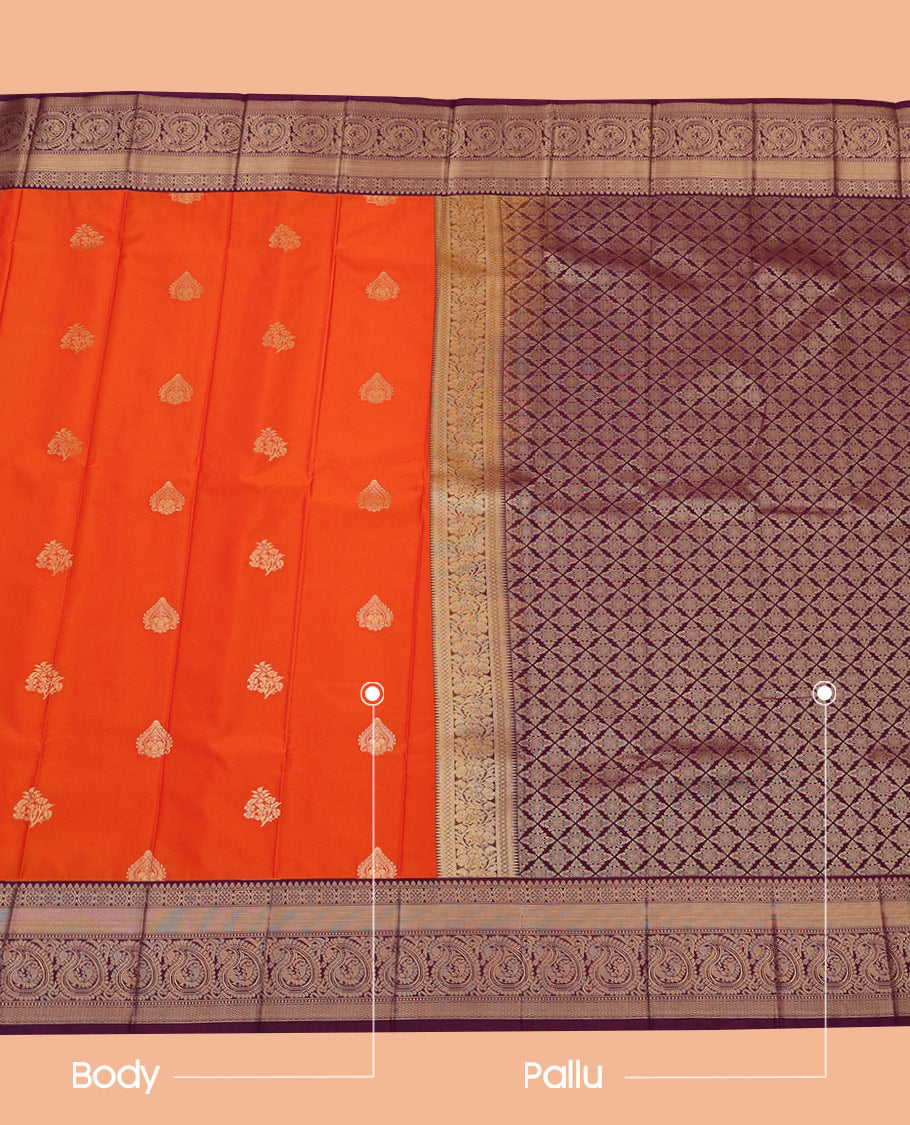 Orange Budget Silk Saree Spotlighted with Zari Buttas, Decked by a Contrast Traditional Zari Design Border, Pallu Elevated with Jaal Design, and Paired with a Contrast Blouse