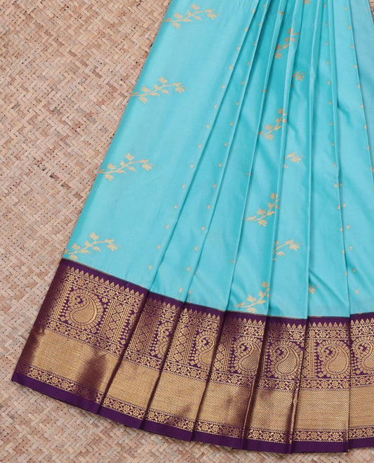 Blue Budget Silk Saree, Artfully Designed with Floral Buttas All Over Its Body, Complemented by a Contrast Traditional Zari Border of Paisley Designs, Pallu of Paisley Designs, and Paired with a Contrast Blouse