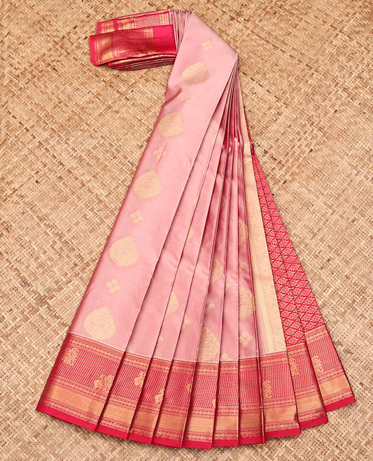 Pink Budget Silk Saree, Accentuated with Zari Buttas All Over Its Body, Complemented by a Contrast Traditional Zari Border, Grand Jaal Pallu, and Paired with a Contrast Blouse