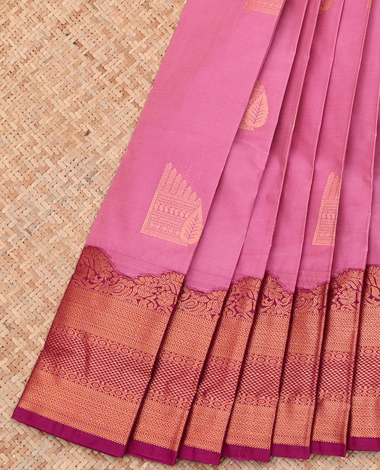 Pink Budget Silk Saree, Adorned with Zari Buttas on Its Body, Complemented by a Contrast Traditional Zari Design Border, Pallu of Chevron and Paisley Design, and Paired with a Contrast Blouse