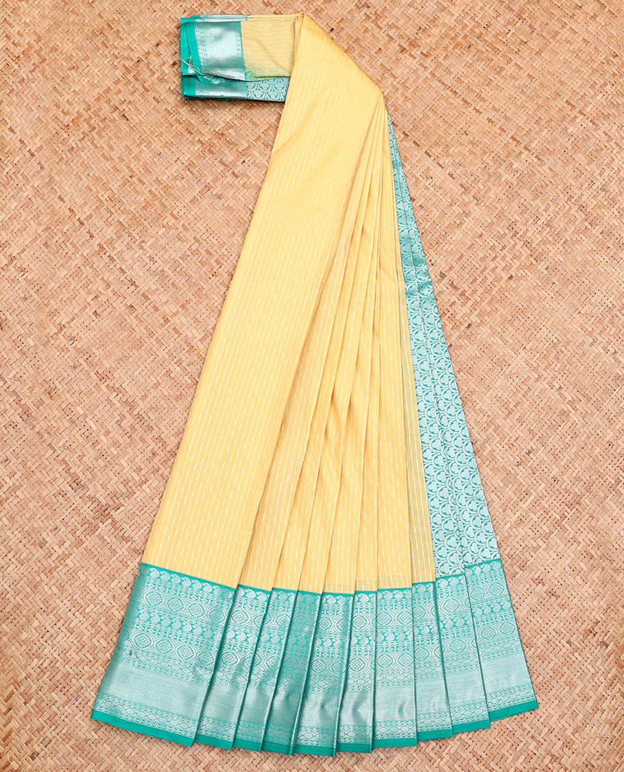 Yellow Budget Silk Saree, Gleamed Up with Zari Stripes All Over Its Body, Complemented by a Contrast Traditional Zari Design Border, Grand Pallu, and Paired with a Contrast Blouse