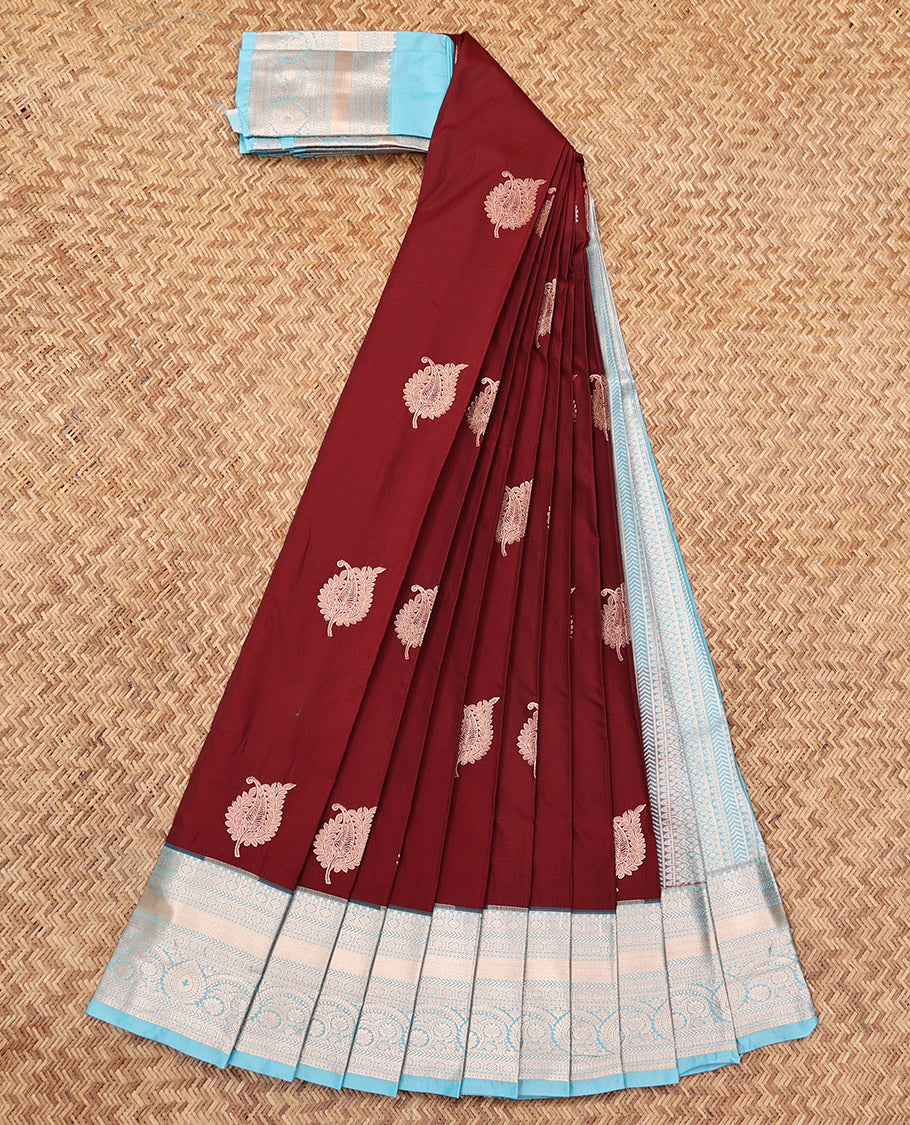 Maroon Budget Silk Saree, Detailed with Zari Buttas, Complemented by a Contrast Traditional Zari Border, Geometric Pallu, and a Contrast Blouse