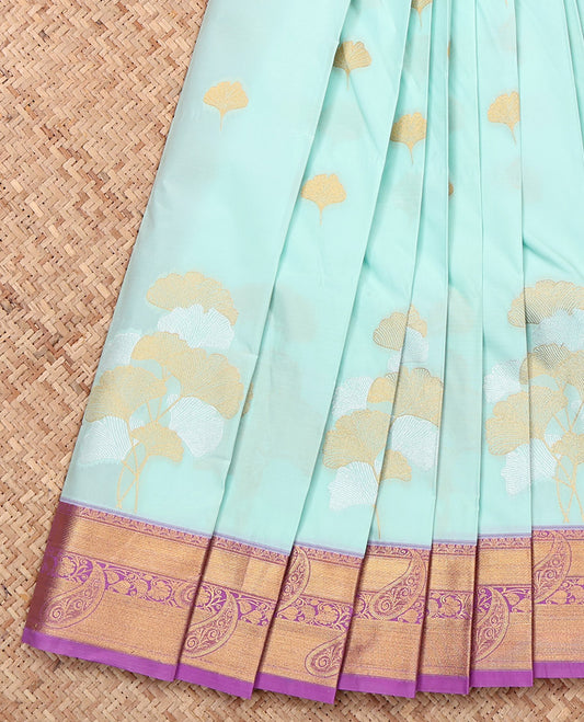 Pale Blue Budget Silk Saree, Sparsely Threaded with Zari Buttas, a Contrast Traditional Zari Border, Grand Pallu, and a Contrast Blouse