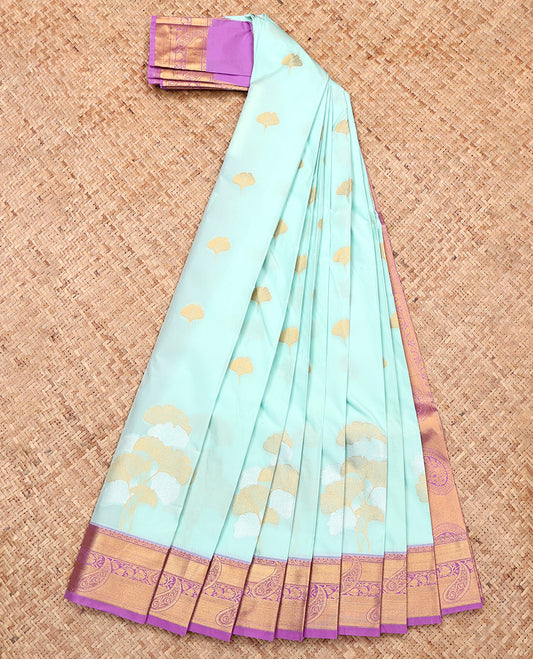 Pale Blue Budget Silk Saree, Sparsely Threaded with Zari Buttas, a Contrast Traditional Zari Border, Grand Pallu, and a Contrast Blouse