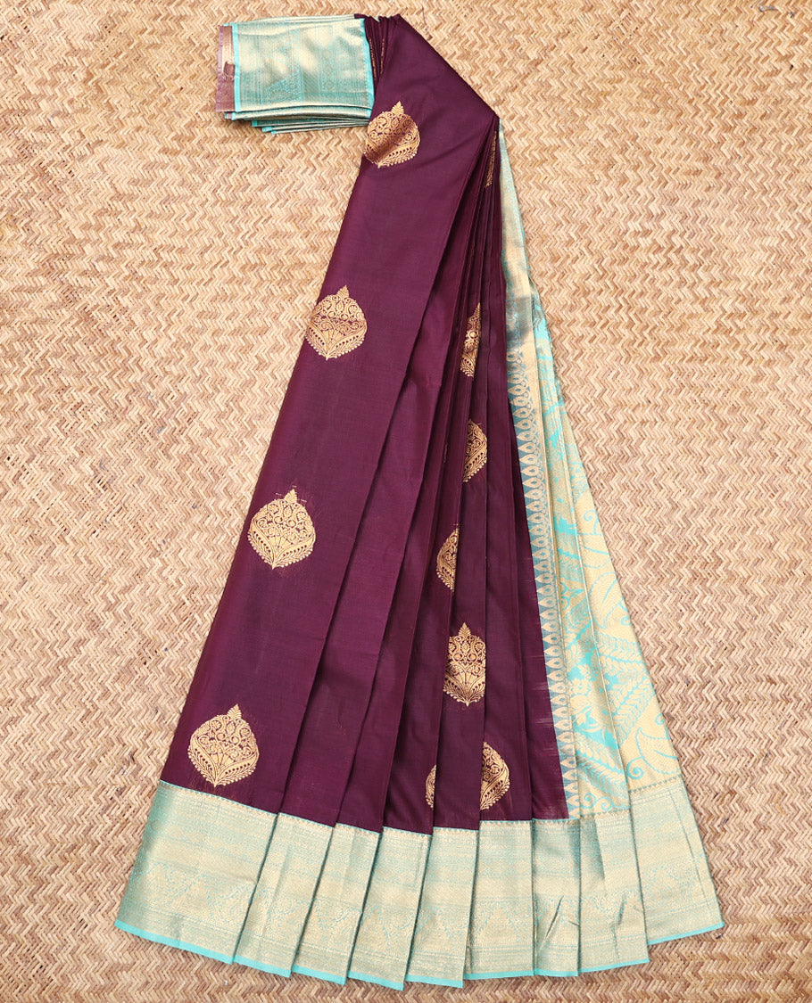 Wine Budget Silk Saree, Embellished with Zari Buttas, Complemented by a Contrast Traditional Zari Border, Intricate Pallu, and a Contrast Blouse