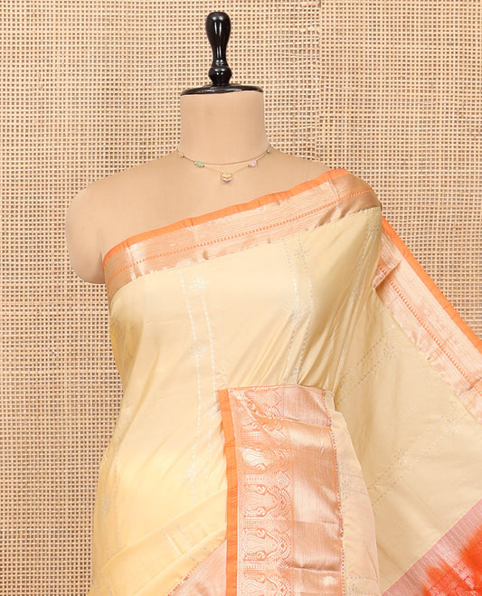 Sandal Budget Silk Saree, Sparsely Threaded with Zari Designs, Complemented by a Contrast Traditional Zari Border, Pallu of Jaal Design, and Contrast Blouse