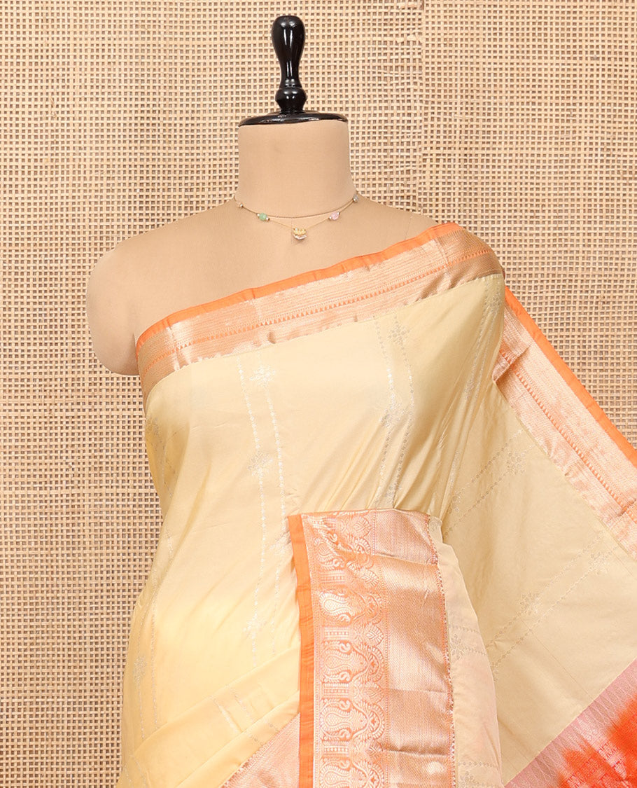 Sandal Budget Silk Saree, Sparsely Threaded with Zari Designs, Complemented by a Contrast Traditional Zari Border, Pallu of Jaal Design, and Contrast Blouse