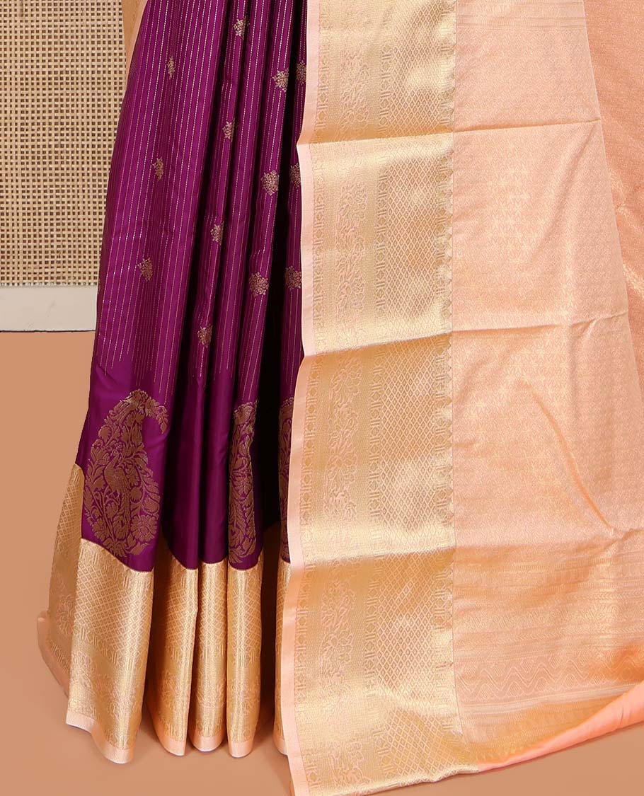 Purple Budget Silk Saree, Detailed with Zari Buttas, Stripes and Paisleys on Its Body, Complemented by a Contrast Traditional Zari Design Border, Opulently Embellished Pallu, and Paired with a Contrast Blouse