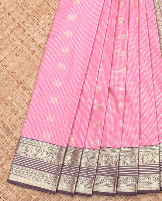 Pink Budget Silk Saree, Subtly Sparkled with Peacock Buttas and Zari Checks All Over Its Body, Complemented by a Contrast Traditional Zari Design Border, Pallu of Jaal Design, and Paired with a Contrast Blouse