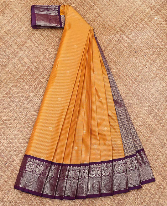 Orange Budget Silk Saree, Delicately Woven with Zari Buttas and Stripes on Its Body, Complemented by a Contrast Traditional Zari Design Border, Grand Jaal Pallu, and Paired with a Contrast Blouse