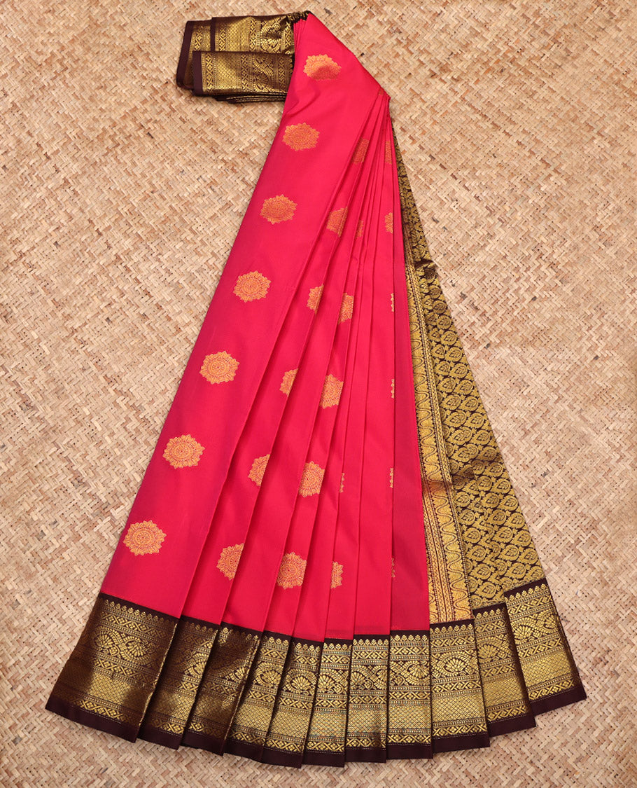 Red Budget Silk Saree, Spotlighted with Zari Buttas All Over Its Body, Complemented by Contrast Traditional Zari Design Border, Grand Pallu, and Paired with a Contrast Blouse