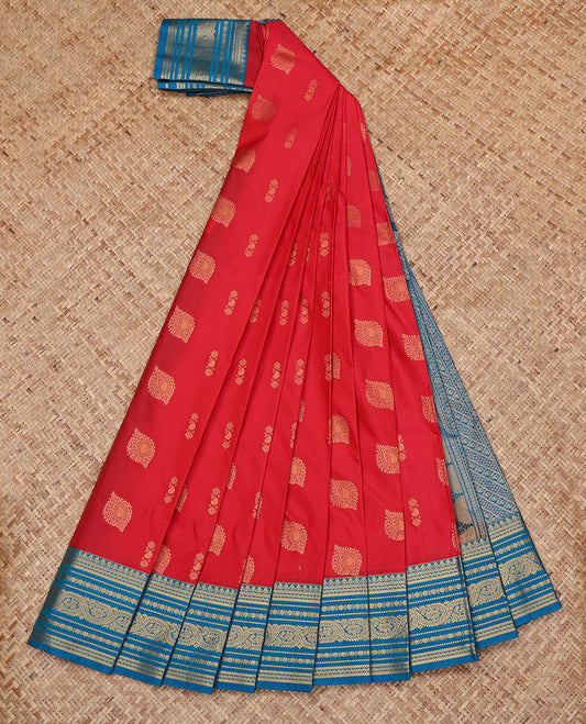 Red Budget Silk Saree, Graced with Zari Buttas All Over Its Body, Complemented by a Contrast Traditional Zari Border, Grand Geometric-Patterned Pallu, and Paired with a Contrast Blouse