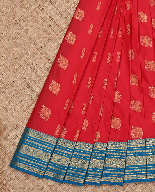 Red Budget Silk Saree, Graced with Zari Buttas All Over Its Body, Complemented by a Contrast Traditional Zari Border, Grand Geometric-Patterned Pallu, and Paired with a Contrast Blouse