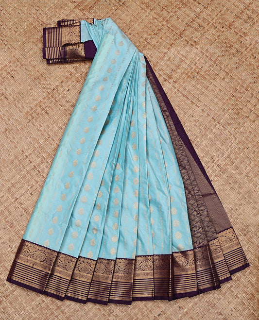 Blue Budget Silk Saree, Subtly Sparkled with Zari Buttas All Over Its Body, Complemented by a Contrast Traditional Zari Design Border, Grand Jaal Pallu, and Paired with a Contrast Blouse