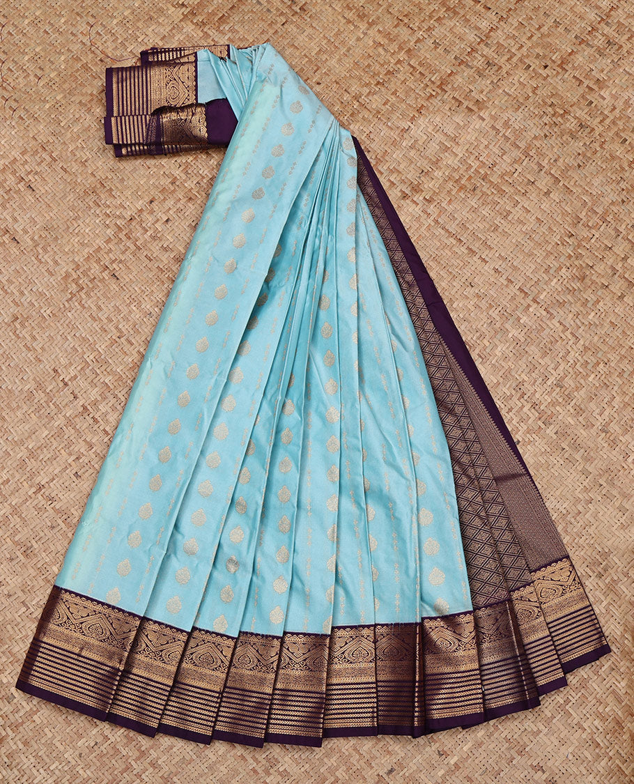 Blue Budget Silk Saree, Subtly Sparkled with Zari Buttas All Over Its Body, Complemented by a Contrast Traditional Zari Design Border, Grand Jaal Pallu, and Paired with a Contrast Blouse