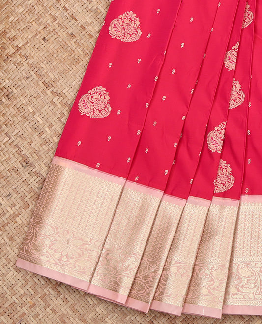Pink Budget Silk Saree, Featuring Zari Buttas on Its Body, Complemented by a Contrast Traditional Zari Design Border, Pallu of Diagonal Stripes and Paisleys, and Paired with a Contrast Blouse