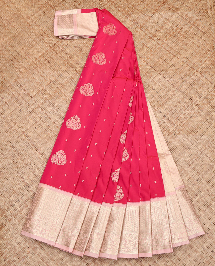 Pink Budget Silk Saree, Featuring Zari Buttas on Its Body, Complemented by a Contrast Traditional Zari Design Border, Pallu of Diagonal Stripes and Paisleys, and Paired with a Contrast Blouse