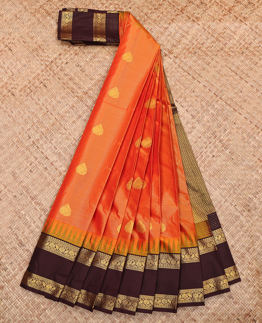 Orange Budget Silk Saree, Gleamed Up with Zari Buttas, Complemented by Contrast Traditional Zari Rettai Pettu Temple Border, Grand Pallu and a Contrast Blouse