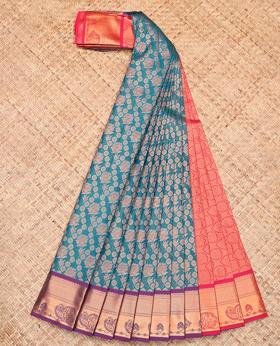Blue Budget Silk Saree, Boldy Beautified with Lotus Jacquard, Complemented by a Contrast Traditional Zari Border, Grand Pallu and a Contrast Blouse