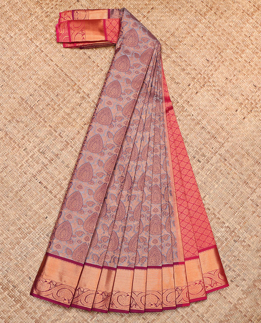 Grey Budget Silk Saree, Woven with Jacquard, Complemented by Contrast Traditional Zari Border, Jaal Pallu, and a Contrast Blouse