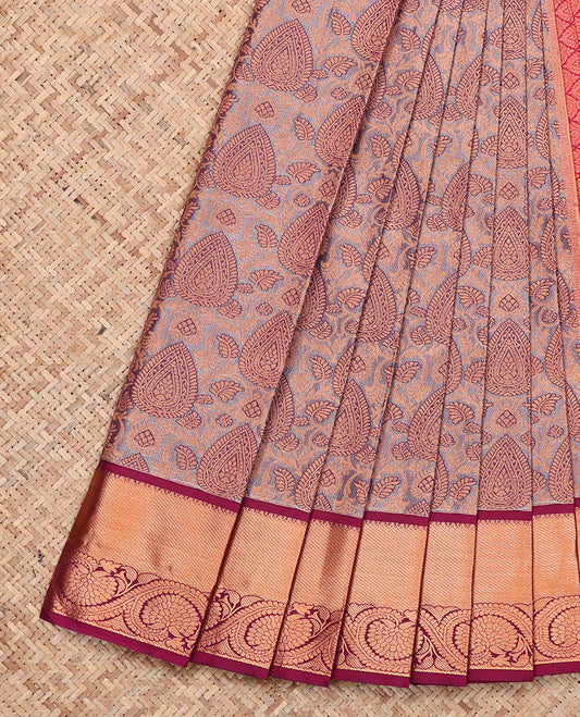 Grey Budget Silk Saree, Woven with Jacquard, Complemented by Contrast Traditional Zari Border, Jaal Pallu, and a Contrast Blouse