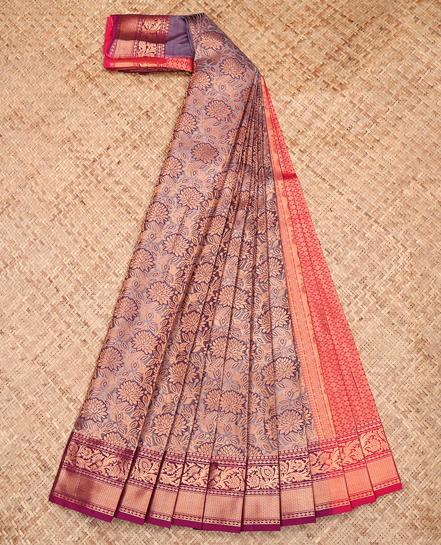 Grey Budget Silk Saree, Impeccably Styled with Jacquard, a Contrast Traditional Zari Border, Grand Pallu, and a Contrast Blouse