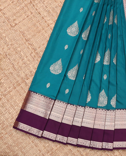 Blue Budget Silk Saree, Graced with Zari Buttas, Complemented by a Contrast Rettai Pettu Traditional Zari Border, Grand Pallu, and Contrast Blouse