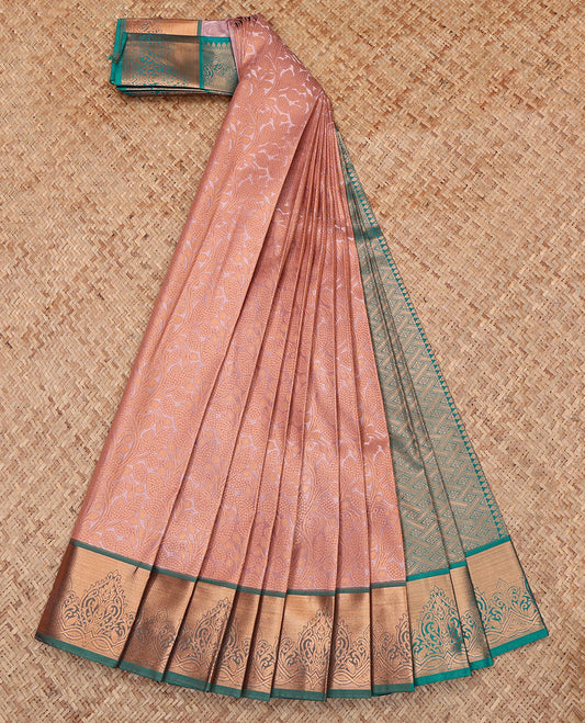 Peach Budget Silk Saree, Delicately Woven with a Jacquard Design, Complemented by a Contrast Floral Creeper Zari Border, Grand Pallu, and Contrast Blouse