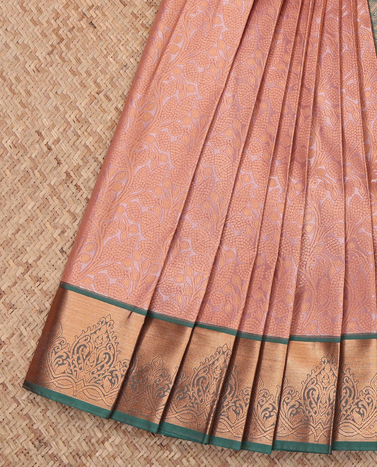Peach Budget Silk Saree, Delicately Woven with a Jacquard Design, Complemented by a Contrast Floral Creeper Zari Border, Grand Pallu, and Contrast Blouse