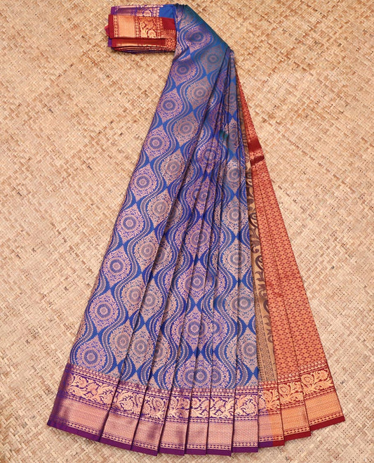 Blue Budget Silk Saree, Highlighted by Ogee Jacquard Design, Complemented by a Contrast Traditional Zari Border, Grand Pallu, and a Contrast Blouse