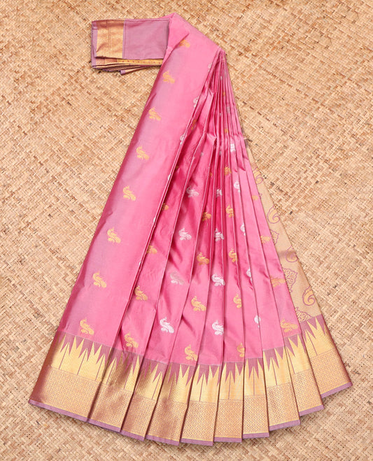 Pink Budget Silk Saree, Artfully Woven with Peacock Buttas, Complemented by Contrast Traditional Temple Zari Border, Intricate Pallu, and Contrast Blouse