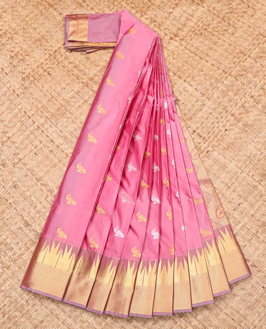 Pink Budget Silk Saree, Artfully Woven with Peacock Buttas, Complemented by Contrast Traditional Temple Zari Border, Intricate Pallu, and Contrast Blouse