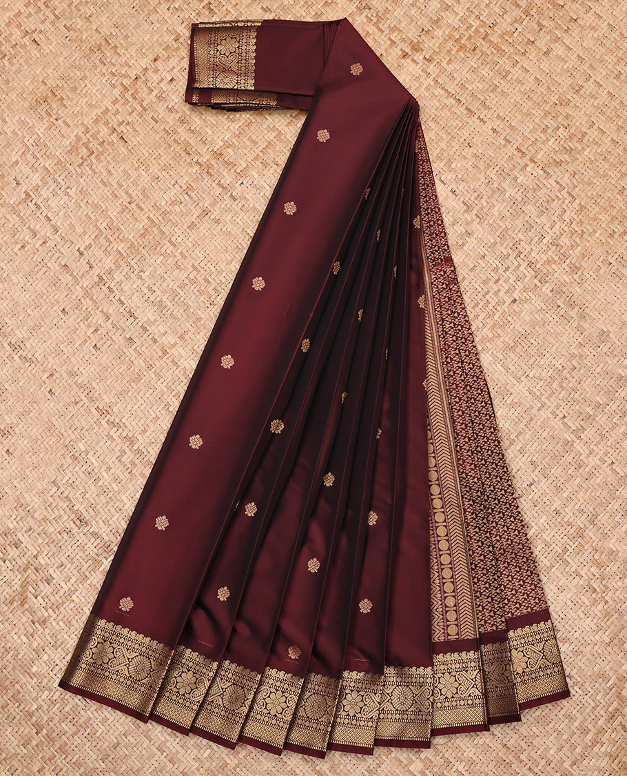 Maroon Budget Silk Saree, Woven with Zari Buttas, Highlighted by a Traditional Zari Border, Jaal Pallu, and Matching Blouse