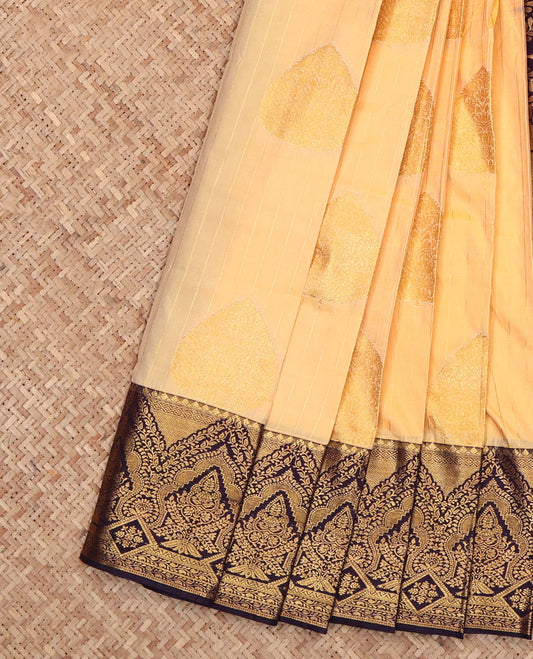 Sandal Budget Silk Saree, Sparsely Woven with Zari Buttas and Stripes, Complemented by a Contrast Traditional Zari Border, Intricately Designed Pallu, and a Contrast Blouse