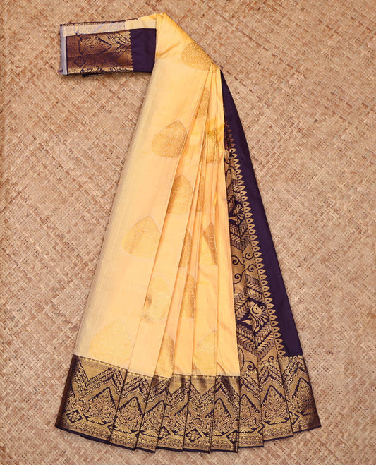 Sandal Budget Silk Saree, Sparsely Woven with Zari Buttas and Stripes, Complemented by a Contrast Traditional Zari Border, Intricately Designed Pallu, and a Contrast Blouse