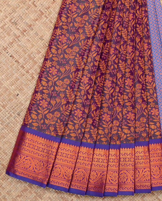 Purple Budget Silk Saree,Highlighted by Floral Vine Design, Complemented by Contrast Traditional Zari Border, a Jaal Pallu and a Contrast Blouse
