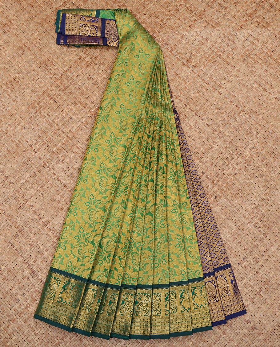 Green Budget Silk Saree Featuring Jacquard Design, a Contrast Traditional Zari Border, Grand Pallu, and a Contrast Blouse