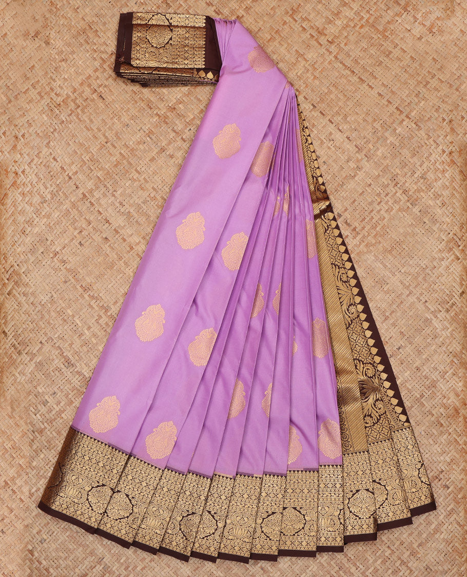 Lavender Budget Silk Saree, Woven with Zari Buttas, a Contrast Traditional Border, Grand Pallu, and a Contrast Blouse