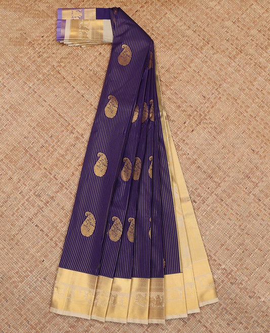 Purple Budget Silk Saree, Enhanced with Paisley-Buttas and Stripes, a Contrast Traditional Wedding Themed Zari Border, a Grand Pallu and a Contrast Blouse