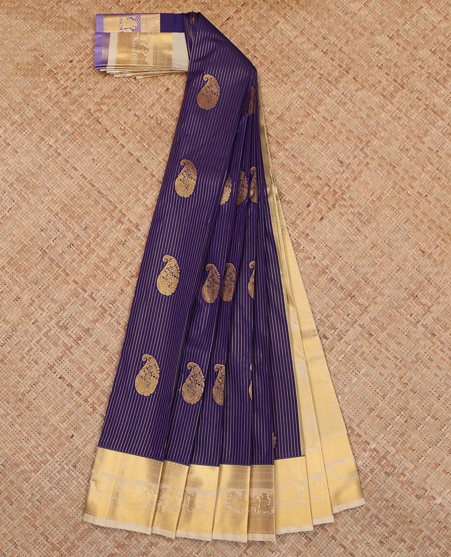 Purple Budget Silk Saree, Enhanced with Paisley-Buttas and Stripes, a Contrast Traditional Wedding Themed Zari Border, a Grand Pallu and a Contrast Blouse