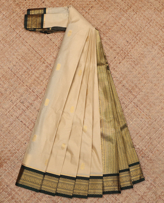 Sandal Budget Silk Saree, Highlighted by Zari Buttas and Stripes, Complemented by Contrast Traditional Zari Border, a Jaal Pallu and a Contrast Blouse