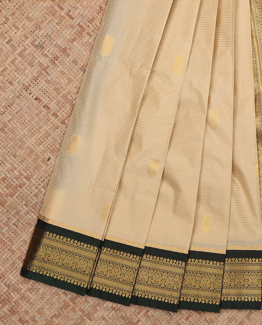 Sandal Budget Silk Saree, Highlighted by Zari Buttas and Stripes, Complemented by Contrast Traditional Zari Border, a Jaal Pallu and a Contrast Blouse