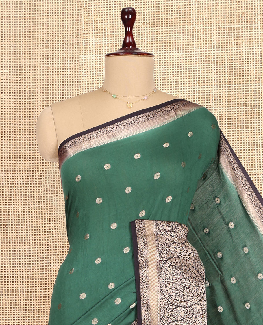 Green Assam Silk Saree, Highlighted by Zari Buttas, Complemented by Contrast Intricate Zari Border,  Zari Woven Pallu, and Contrast Blouse