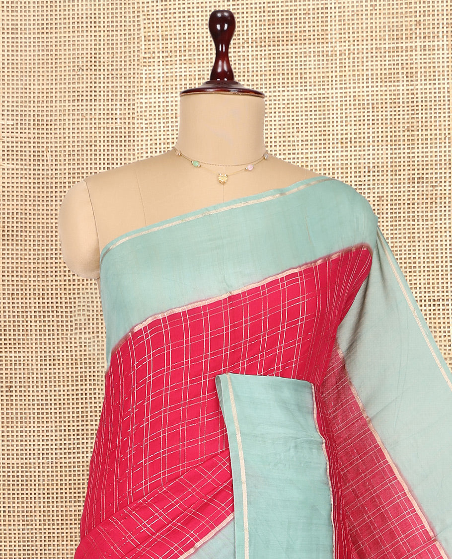 Red Assam Silk Saree, Mesmerized with Zari Checks, Complemented by Contrast Zari Border,  Zari Woven Pallu, and Contrast Blouse