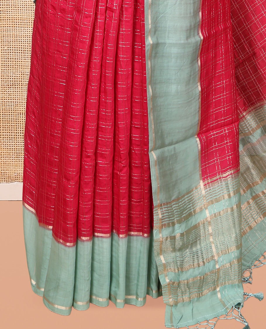 Red Assam Silk Saree, Mesmerized with Zari Checks, Complemented by Contrast Zari Border,  Zari Woven Pallu, and Contrast Blouse