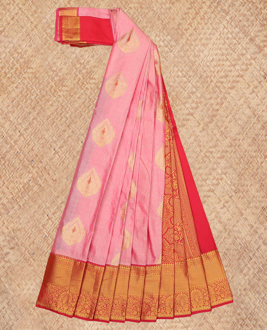 Pink Budget Silk Saree, Accentuated with Zari Buttas and Checks, a Contrast Traditional Zari Border, Grand Pallu, and a Contrast Blouse