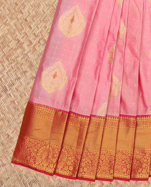 Pink Budget Silk Saree, Accentuated with Zari Buttas and Checks, a Contrast Traditional Zari Border, Grand Pallu, and a Contrast Blouse